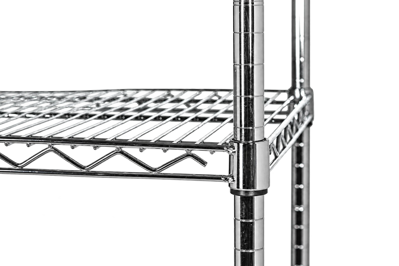 Close-up of the shelf-to-post connection in an Ultra Power chrome shelving unit
