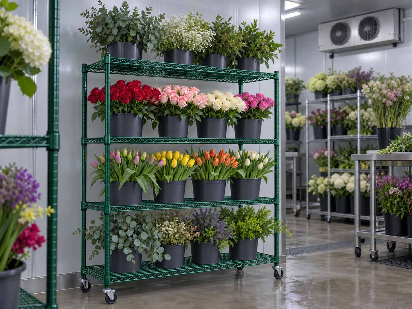 Green noMICRO wire shelving with flower buckets in a professional florist cold room