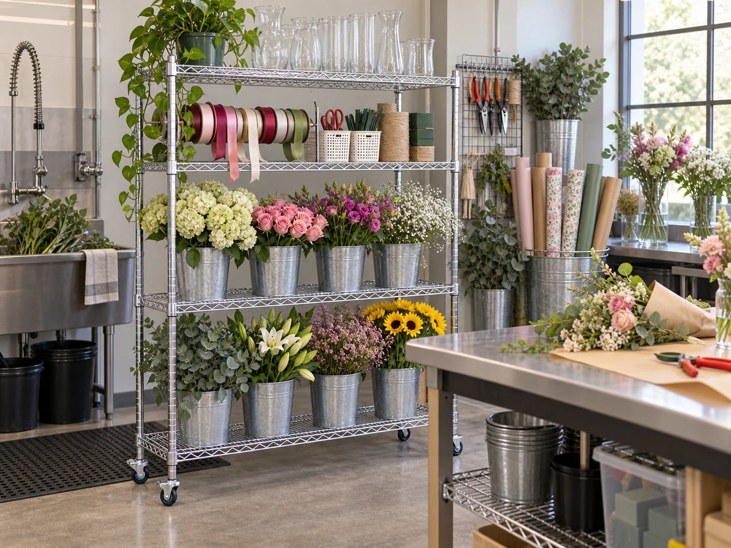 Chrome wire shelving organising flowers, vases and materials in a florist workroom