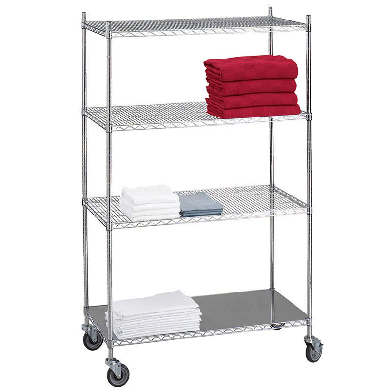 Mobile Chrome linen shelving rack on castors