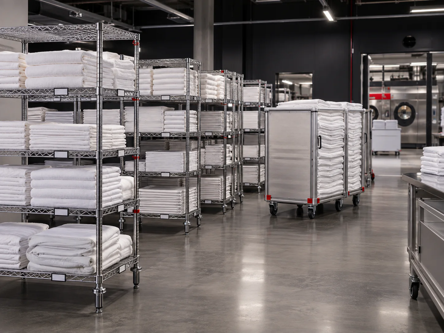 Folded clean hotel linen stored on open modular wire shelving