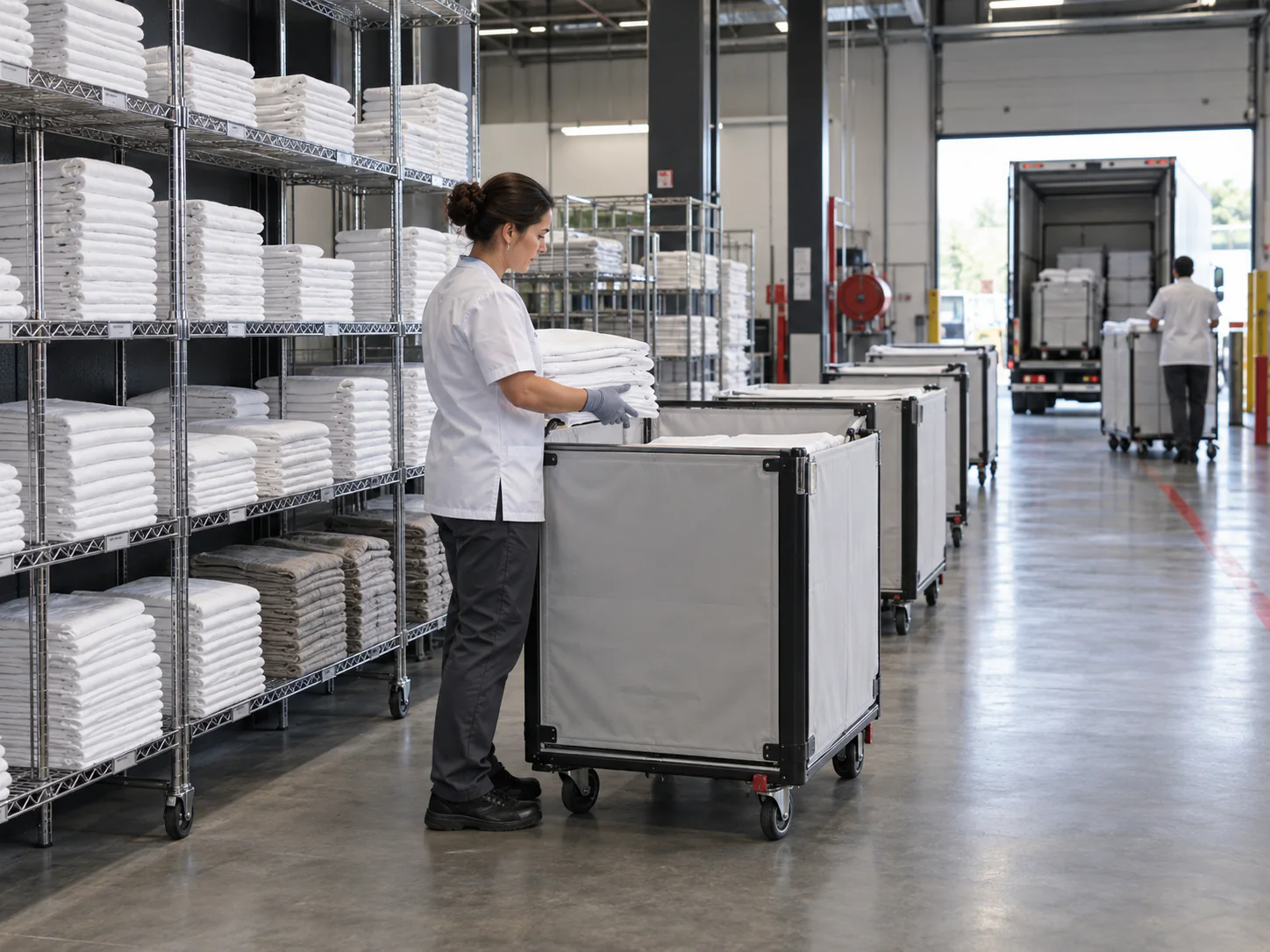 Worker preparing clean linen for dispatch in mobile textile carts