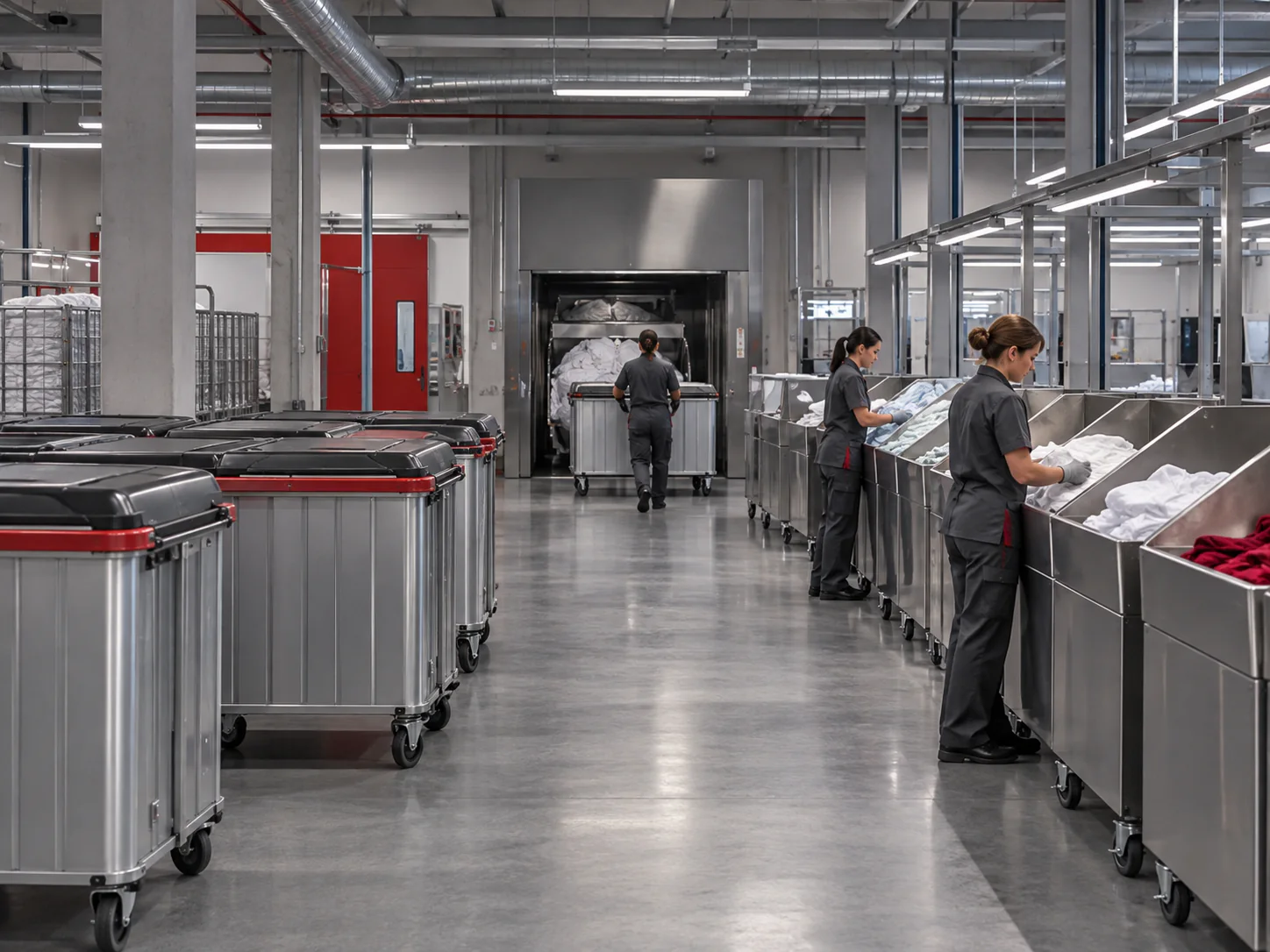 Separated receiving and sorting area in a professional industrial laundry