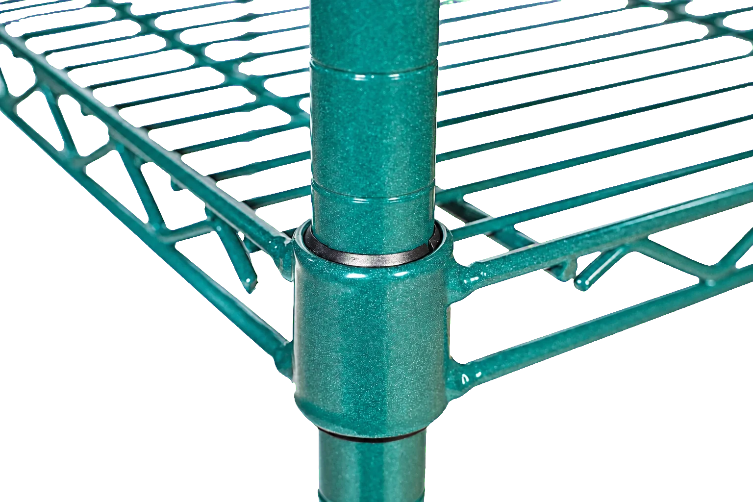 Close-up of the noMICRO shelf connection and green polyester coating