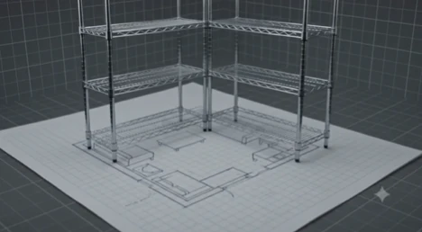 Chrome shelving arranged around three sides of a room