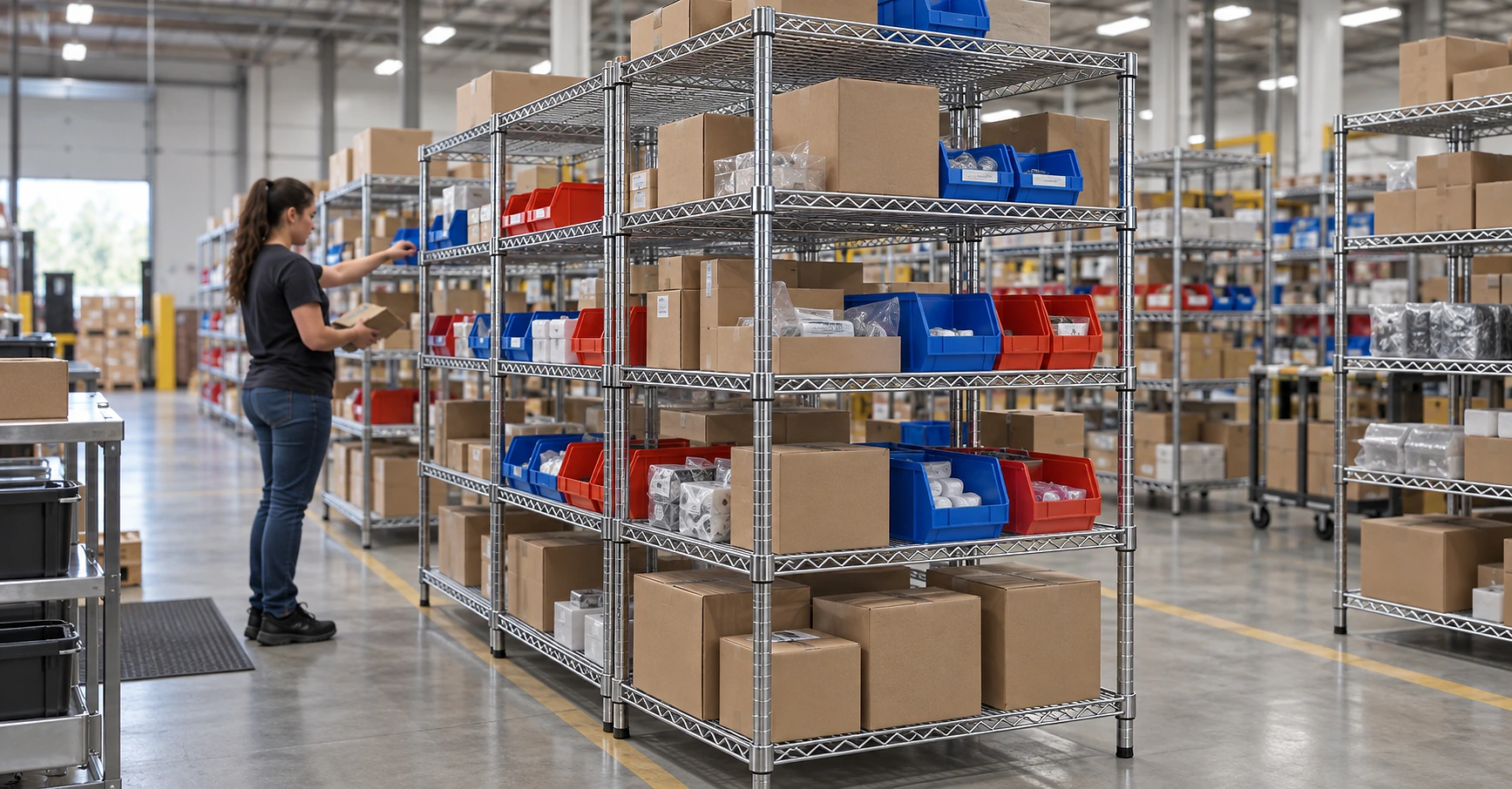 Order picker working beside Chrome wire shelving with storage bins