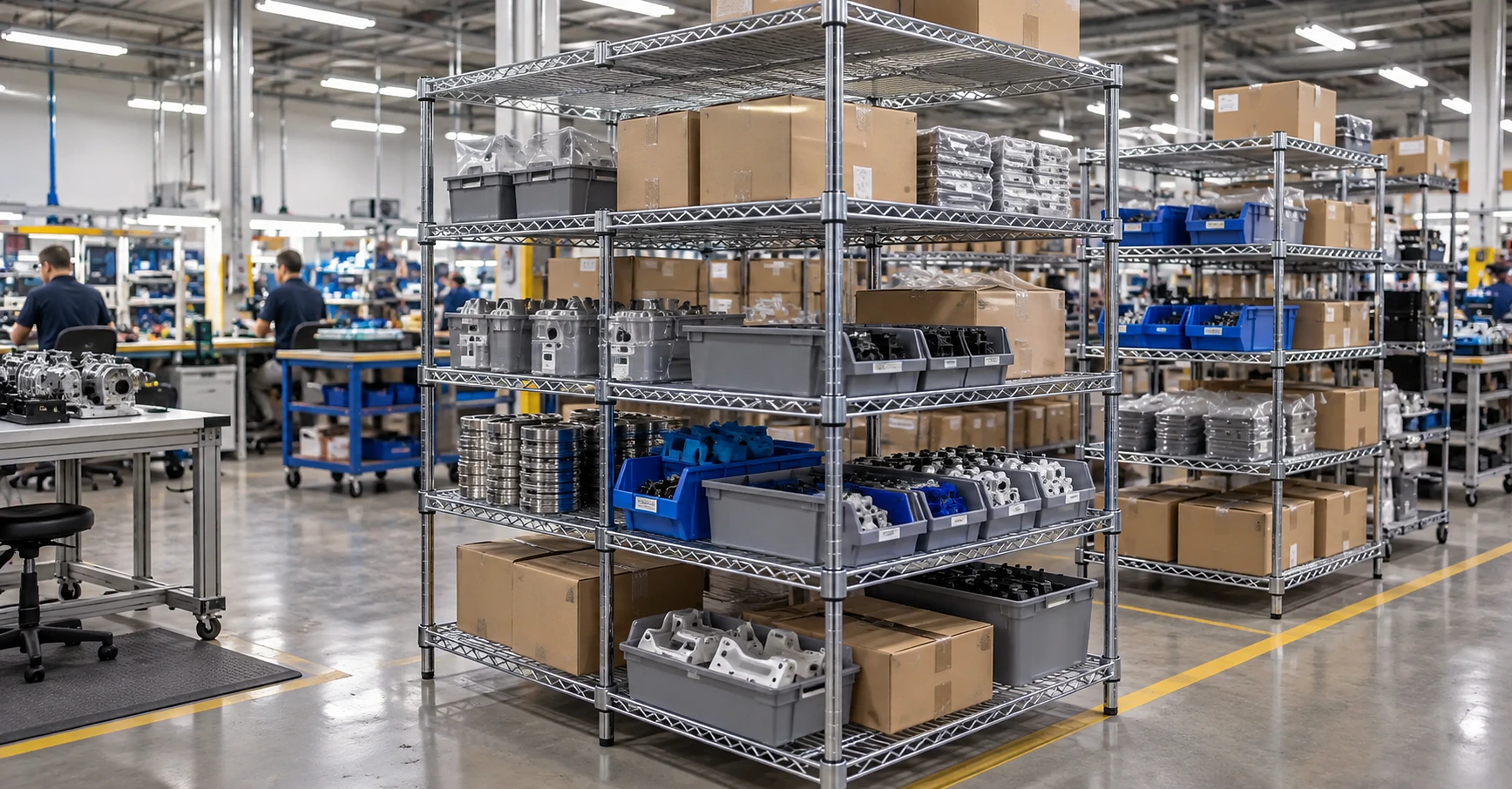 Chrome wire shelving used for components beside a production area