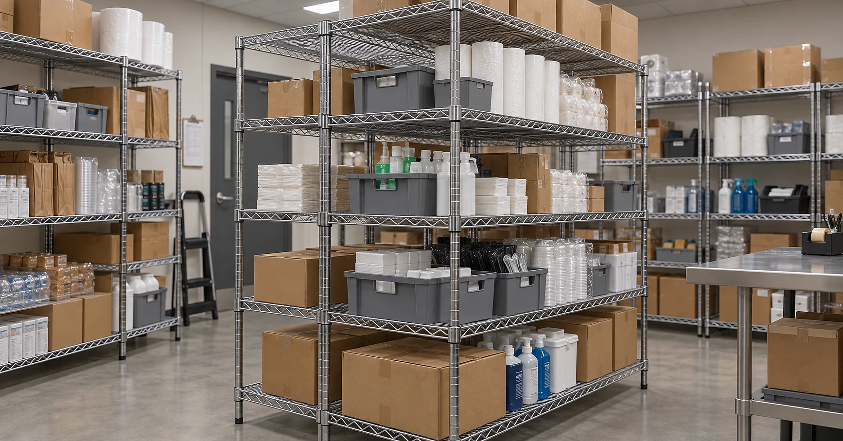 Chrome wire shelving with cartons and supplies in a compact stockroom